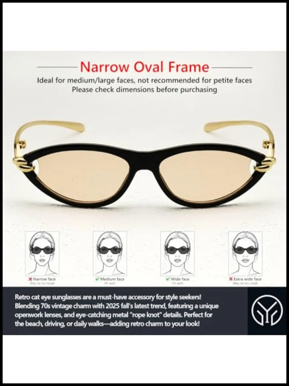Retro Cat Eye Sunglasses Narrow Oval 70s Vintage Shades with Metal Rope Knot